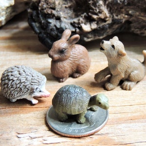 Set of 4 Tiny MINIATURE Woodland Forest Animals Tortoise Wolf Pup Rabbit Hedgehog Figurines Figures Dollhouse Fairy Garden Terrarium Mini