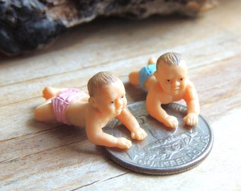 Set of 2 Tiny MINIATURES Babies Baby Girl Boy Pink Blue Figurines Figures Dollhouse Fairy Garden Terrarium Micro Mini Small Sets Baby Shower
