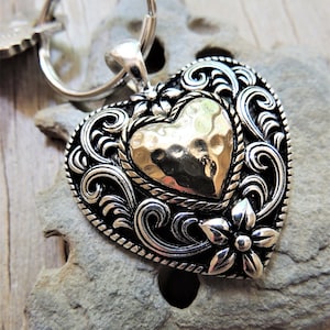 HEART KEYCHAIN Key Chain For Women Southwestern Ornate Gold Silver Chunky Big Floral