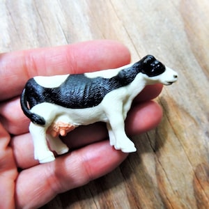 Cow MINIATURE FARM ANIMALS Figures Figurine Terrarium Fairy Garden Dollhouse Diorama Small Craft Supply Black White Dairy Plastic Miniatures