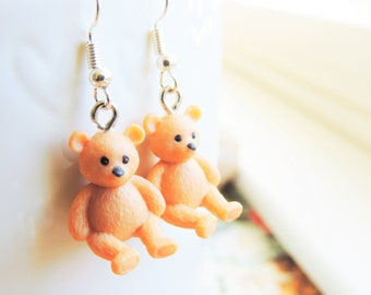 TEDDY BEAR EARRINGS Dangle Mini Tiny Miniature Stuffed Animal Jewelry Fun Cute Dangly Hanging Charm Drop Earring Kitsch Funky Toy Post Stud
