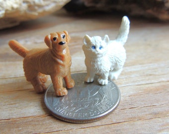 Set of 2 Tiny MINIATURES Pets Dog Cat Golden Retriever Persian Animal Figurines Figures Dollhouse Fairy Garden Terrarium Micro Mini Small