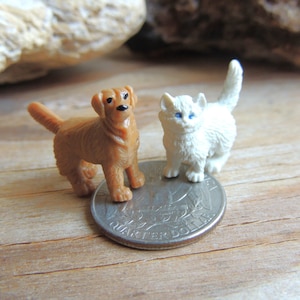 Set of 2 Tiny Miniature Dog and Cat Figurines for Dollhouse Fairy Garden Terrariums