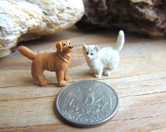 Set of 2 Tiny MINIATURES Pets Dog Cat Golden Retriever Persian Animal Figurines Figures Dollhouse Fairy Garden Terrarium Micro Mini Small