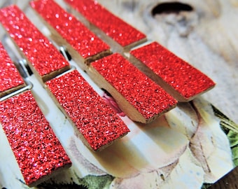 Red Glittered Wooden Clip Magnets Peg Design Set of 5 or 10 ~ Fridge Magnets