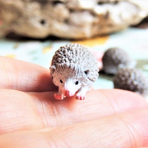Peut inclure: Une petite figurine d'hérisson en plastique gris et blanc avec des pieds roses. La figurine mesure environ 2,5 cm de haut et est posée sur la main d'une personne.