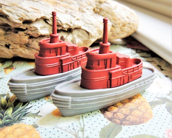 MINIATURE TUGBOAT Tug Boat Figure Figurine Fairy Garden Dollhouse Diorama  Terrarium Accessory Small Mini Plastic Model Cupcake Cake Topper 