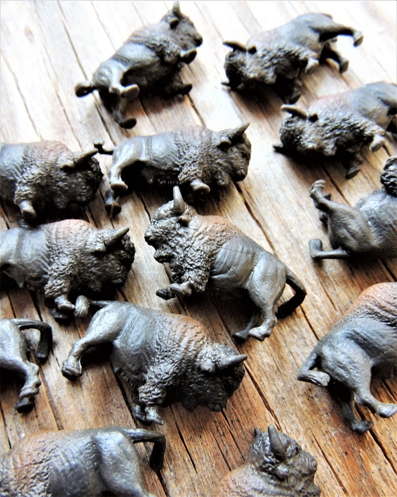 Set of tiny miniature realistic soft collectible bison for crafts, dollhouses, terrariums, fairy or zen gardens, dioramas, shadow boxes, sensory or pretend play, plant pets, and much more.