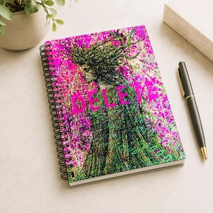 May include: A spiral-bound notebook featuring a vibrant graphic cover with a magenta and green abstract design. The cover displays the word DELETE in bold magenta letters over a stylized figure with tree-like branches and digital binary code.