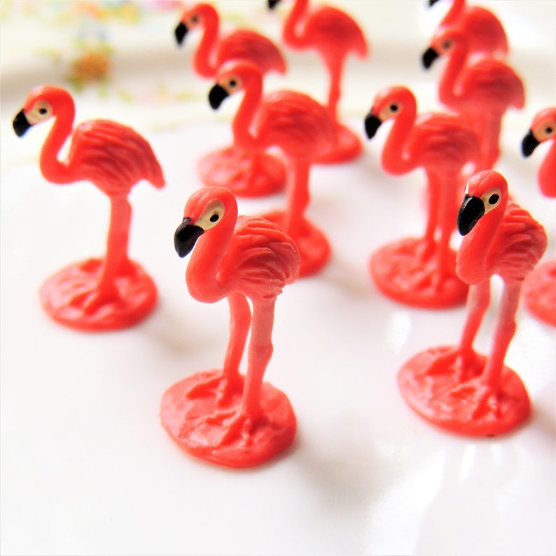 Tiny soft miniature collectible Flamingo bird animal figures for dollhouses, terrariums, fairy gardens, dioramas, plants, dolls, shadowboxes, zen gardens, slime soap resin jewelry, crafts, and more.