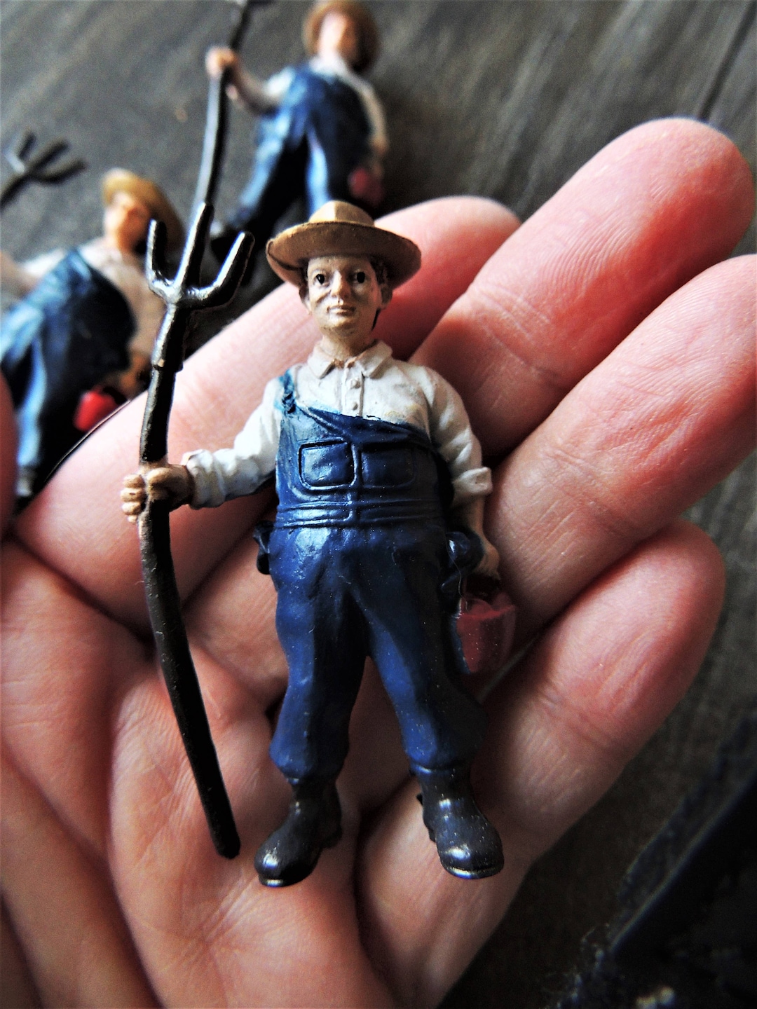 MINIATURE FARMER With Pitchfork Person Plastic Figures Figurines Fairy