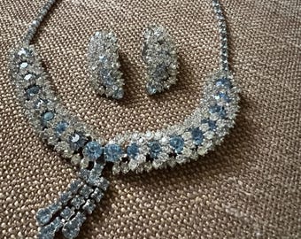 Vintage Blue Rhinestone Necklace & Clip-On Earrings Set Silver Tone Statement Bridal Formal Costume Jewelry