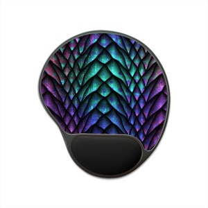 May include: A black and silver mouse pad with a colorful iridescent dragon scale pattern.