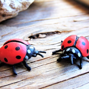 May include: Two small ladybug figurines featuring bright red wings with black spots and black bodies with white accents on the head area. The insects have six thin black legs and two antennae, displaying a realistic shape and color pattern.