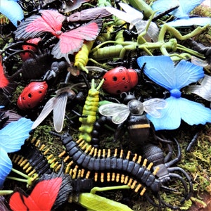 Op de afbeelding: Een verzameling kleurrijke plastic insecten, waaronder vlinders, lieveheersbeestjes, bijen en een duizendpoot, is verspreid op een bed van groen mos. De insecten zijn in verschillende kleuren, zoals rood, blauw, groen en zwart.