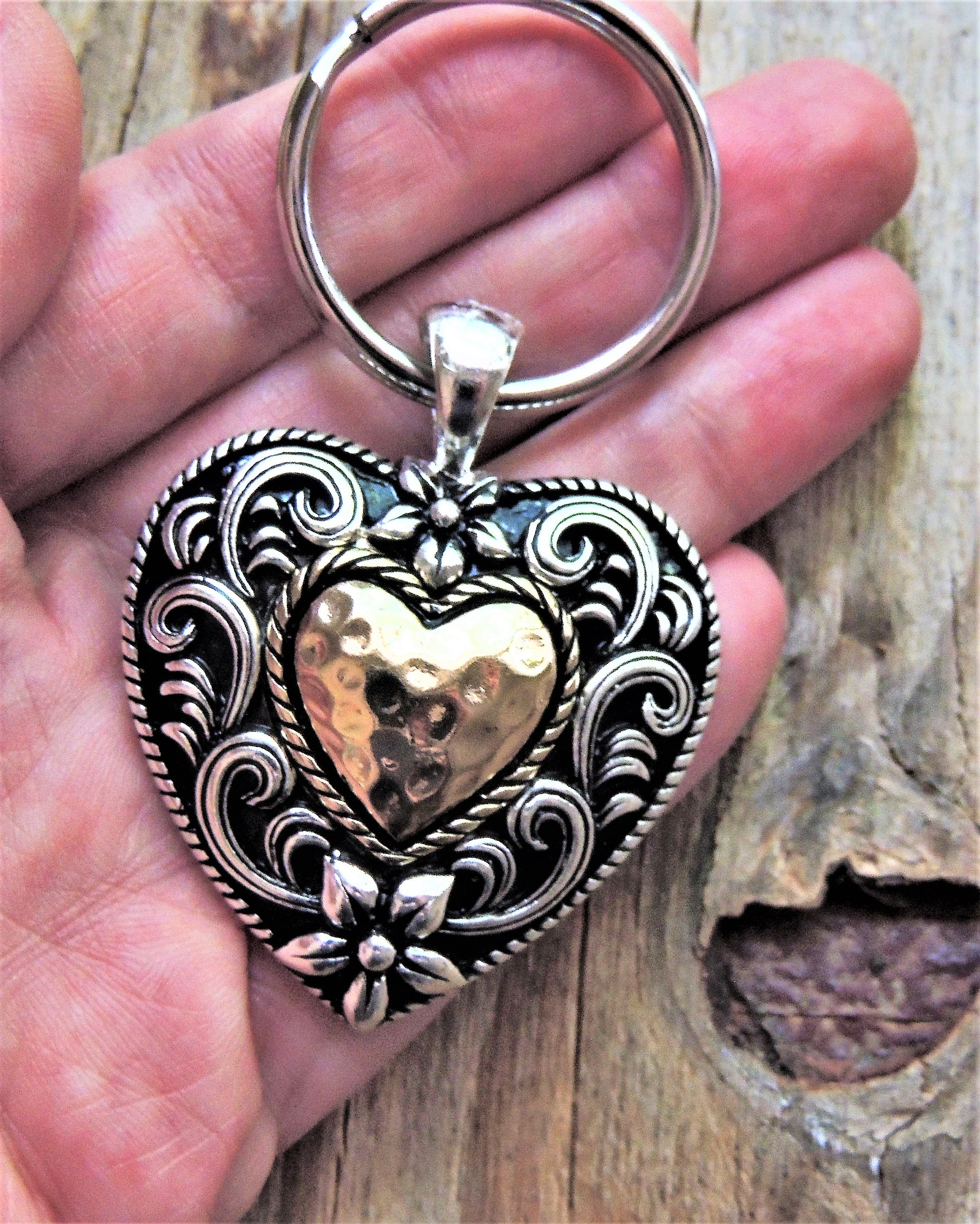 HEART KEYCHAIN Key Chain for Women Southwestern Ornate Gold Silver