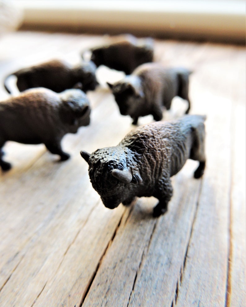 Tiny miniature realistic soft collectible bison for crafts, dollhouses, terrariums, fairy or zen gardens, dioramas, shadow boxes, sensory or pretend play, plant pets, and much more.