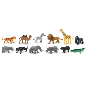 May include: A set of 12 plastic animal figurines, including a tiger, camel, zebra, lion, giraffe, gorilla, hippopotamus, panther, elephant, rhinoceros, bear, and alligator. The figurines are all in different poses and are made of a durable plastic.