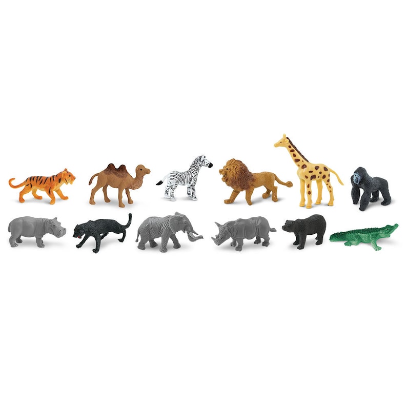 May include: A set of 12 plastic animal figurines, including a tiger, camel, zebra, lion, giraffe, gorilla, hippopotamus, panther, elephant, rhinoceros, bear, and alligator. The figurines are all in different poses and are made of a durable plastic.