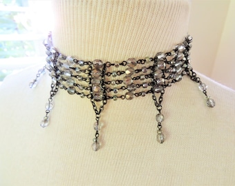 VINTAGE CHOKER NECKLACE: Gothic Black Bib Statement Necklace Choker Drop Bead Victorian Burlesque Collar Chandelier Dark Academia Costume