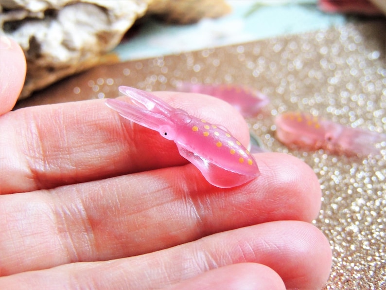 Tiny soft miniature collectible Squid ocean animal figures for dollhouses, terrariums, fairy gardens, dioramas, plants, dolls, shadowboxes, zen gardens, slime soap resin jewelry, crafts, and more.