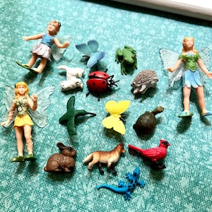 FAIRY GARDEN MINIATURES 6 Fairies and 12 Tiny Mini Animals Bundle Set of Fairy Garden Figures Figurines Terrarium Kit Birthday Party Favors