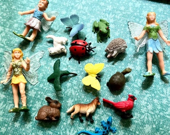 FAIRY GARDEN MINIATURES 6 Fairies and 12 Tiny Mini Animals Bundle Set of Fairy Garden Figures Figurines Terrarium Kit Birthday Party Favors