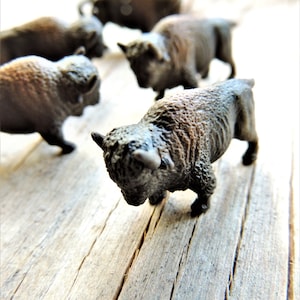 Set of tiny miniature realistic soft collectible bison for crafts, dollhouses, terrariums, fairy or zen gardens, dioramas, shadow boxes, sensory or pretend play, plant pets, and much more.