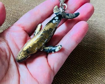 Humpback Whale Bag Charm, Hand Painted Distressed Gold Clip On Nautical Accessory, Ocean Gift
