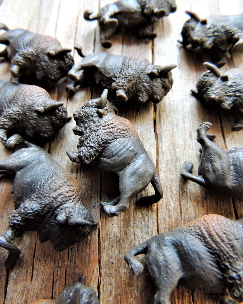 Set of tiny miniature realistic soft collectible bison for crafts, dollhouses, terrariums, fairy or zen gardens, dioramas, shadow boxes, sensory or pretend play, plant pets, and much more.