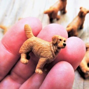 May include: A set of miniature golden retriever dog figurines. The figurines are made of plastic and are about 5 cm tall. They are perfect for a miniature dollhouse or for use in a diorama.