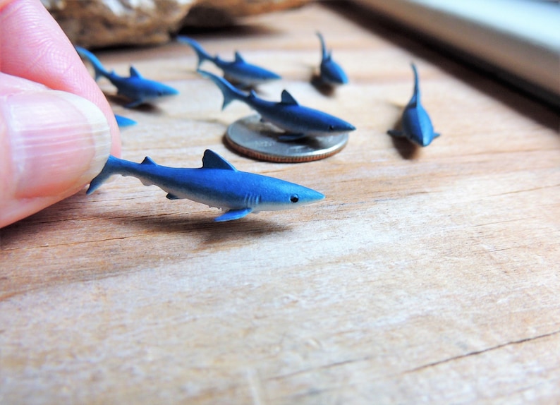MINI SHARKS: Tiny Blue Shark miniature animal figurine figures for crafts, dollhouses, terrarium supply, fairy gardens, dioramas, resin projects, soap slime filler, party favors, shark week parties, counting games, Etsy Picks