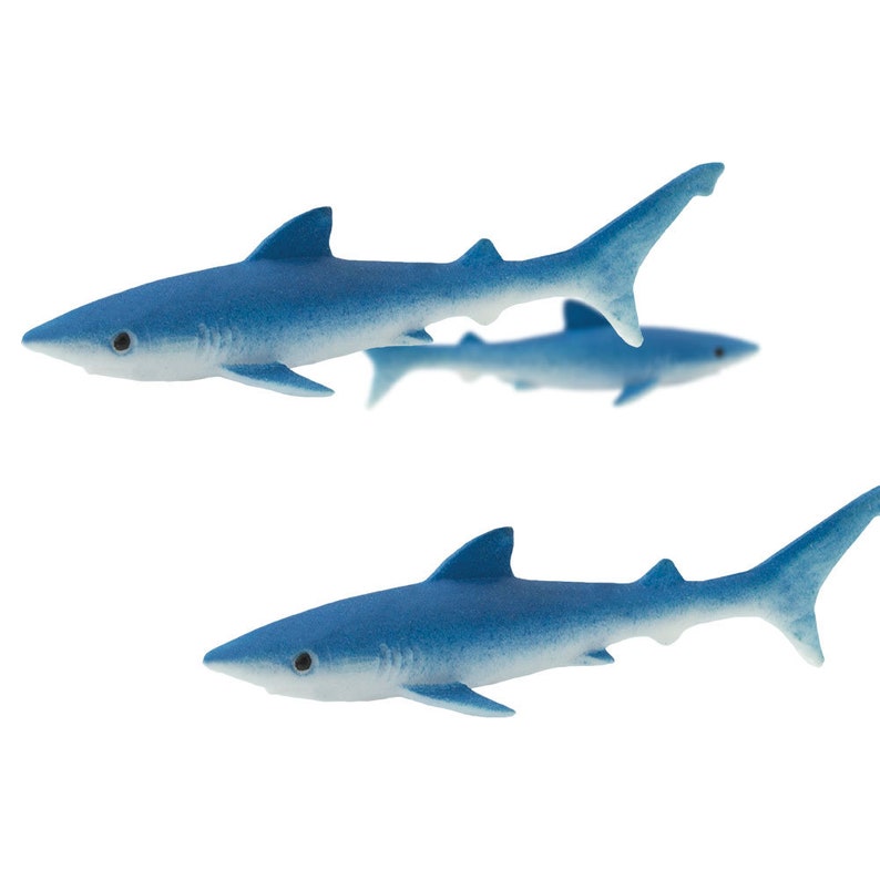 Tiny Blue Shark miniature animal mini-figures for crafts, dollhouses, terrarium supplies, fairy garden minis, dioramas, resin projects, soap slime filler, party favors, shark week parties, counting games, game pieces, scavenger hunts, jewelry making.