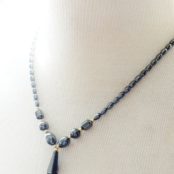 Vintage Hematite Tear Drop Pendant Necklace Magnetic Healing Magnet Gunmetal Silver Gemstone Feng Shui Statement 16"