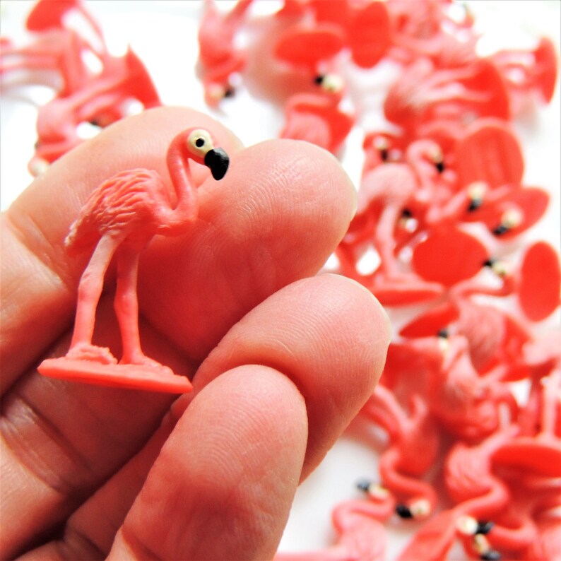 Tiny soft miniature collectible Flamingo bird animal figures for dollhouses, terrariums, fairy gardens, dioramas, plants, dolls, shadowboxes, zen gardens, slime soap resin jewelry, crafts, and more.