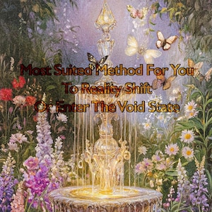 Może przedstawiać: Artystyczny obraz przedstawiający szczegółową fontannę z płynącą wodą. Fontanna otoczona jest bujnymi kwiatami i motylami. Nakładka tekstowa brzmi "Most Suited Method For You To Reality Shift Or Enter The Void State."