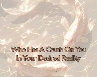 May include: A serene image of two koi carp in clear, shimmering water. The fish are white with delicate pink markings. Text overlay reads "Who Has A Crush On You In Your Desired Reality."