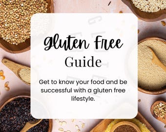 May include: A guide to gluten-free eating with a variety of gluten-free grains in wooden bowls on a pink background. The text "gluten free guide" is in the center of the image. The text "Get to know your food and be successful with a gluten free lifestyle." is below the title. The text "NUTRAVIE ACADEMY" is at the bottom of the image.