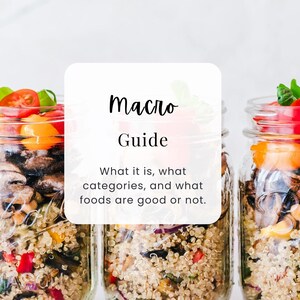 May include: Three glass jars filled with a quinoa salad and topped with fresh vegetables. The jars have a white overlay with the text "Macro Guide" and information about food categories. The Nutravie Academy logo is at the bottom.