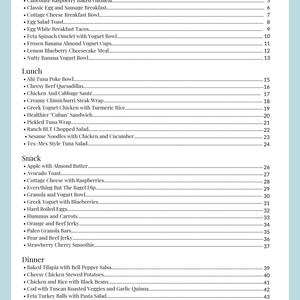 May include: Table of Contents for a cookbook with a blue background and white text. The table lists breakfast, lunch, snack, and dinner recipes.