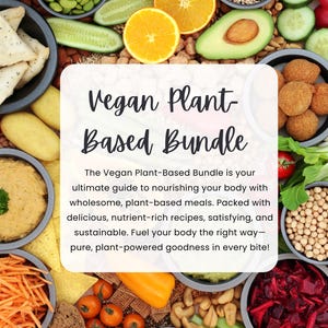 Puede incluir: Un collage colorido de alimentos de origen vegetal, que incluye frutas, verduras, cereales y legumbres, con el texto "Vegan Plant-Based Bundle" y "Nutravie Academy" en el centro. La imagen promueve un estilo de vida basado en plantas y una alimentación saludable.