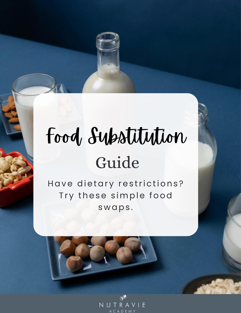 Puede incluir: Una gu&iacute;a de alimentos con el texto "Food Substitution Guide" y la frase "Have dietary restrictions? Try these simple food swaps." La imagen incluye vasos y botellas de leche, nueces y avena sobre una superficie azul.