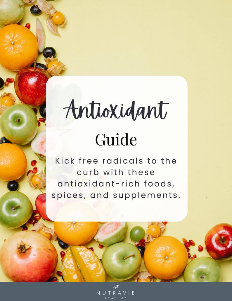 K&ouml;nnte beinhalten: Ein farbenfrohes Bild von verschiedenen Fr&uuml;chten und Gem&uuml;se, darunter &Auml;pfel, Orangen, Guaven und Granat&auml;pfel. Das Bild hat einen Text&uuml;berlagerung, der lautet "Antioxidantien-Leitfaden Beenden Sie freie Radikale mit diesen antioxidantienreichen Lebensmitteln, Gew&uuml;rzen und Nahrungserg&auml;nzungsmitteln. NUTRAVIE ACADEMY".