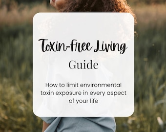 May include: A woman with curly brown hair stands in a field of tall grass. A white card with the text "Toxin-Free Living Guide" and "How to limit environmental toxin exposure in every aspect of your life" is in front of her. The card also has the text "Nutravie Academy" at the bottom.