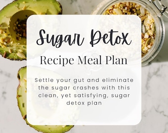 Könnte beinhalten: Eine weiße und graue Grafik mit dem Text "Sugar Detox Recipe Meal Plan" und dem Text "Settle your gut and eliminate the sugar crashes with this clean, yet satisfying, sugar detox plan". Die Grafik befindet sich auf einem weißen Marmorhintergrund mit einer halben Avocado und einem Glas Granola.