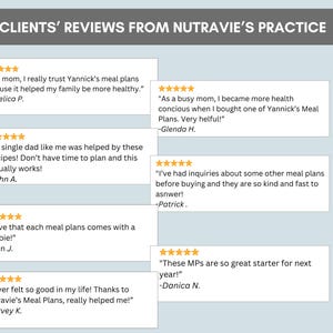 May include: A collage of customer reviews for a meal planning service. The reviews are positive and highlight the benefits of using the service, such as helping families eat healthier, saving time, and providing great customer service.