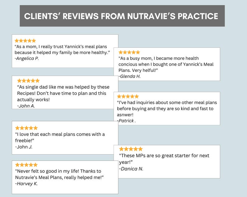 May include: A collage of customer reviews for a meal planning service. The reviews are positive and highlight the benefits of using the service, such as helping families eat healthier, saving time, and providing great customer service.