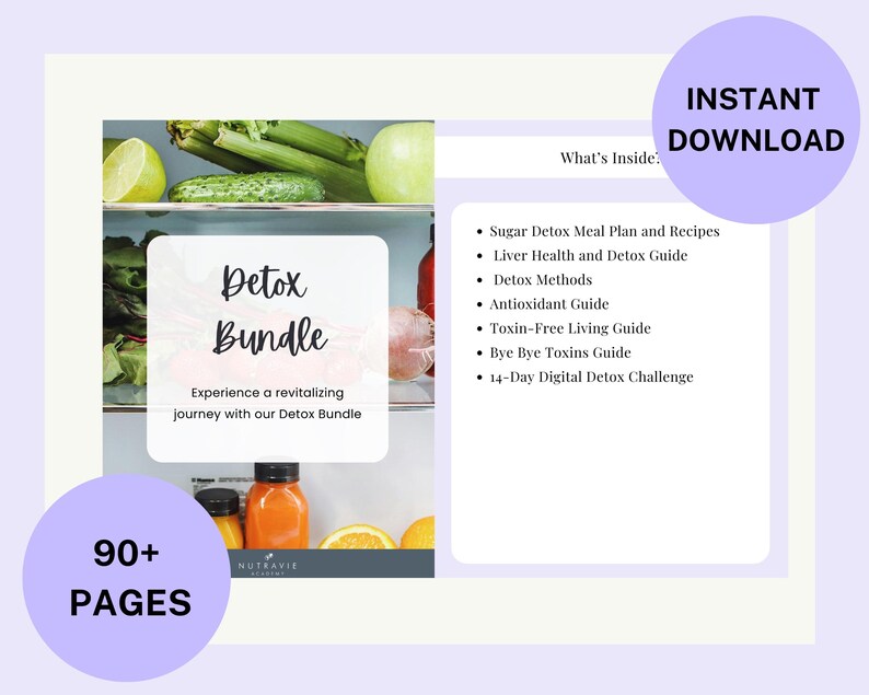 K&ouml;nnte beinhalten: Ein digitales Detox-Paket mit &uuml;ber 90 Seiten an Informationen zum Entgiften, darunter Ern&auml;hrungspl&auml;ne, Rezepte und Anleitungen zu Lebergesundheit, Detox-Methoden, Antioxidantien, toxinfreiem Leben und einer 14-t&auml;gigen digitalen Detox-Herausforderung. Das Bild zeigt einen K&uuml;hlschrank mit frischem Obst und Gem&uuml;se sowie S&auml;ften.
