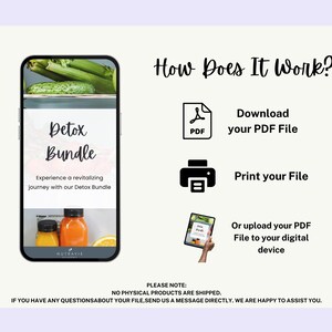 K&ouml;nnte beinhalten: Ein digitaler Download f&uuml;r ein Detox-Paket. Das Bild zeigt einen Telefonbildschirm mit einer Grafik eines Detox-Pakets und zwei Flaschen Saft. Der Text auf dem Telefonbildschirm lautet "Detox Bundle" und "Experience a revitalizing journey with our Detox Bundle". Das Bild zeigt auch Anweisungen zum Herunterladen, Drucken oder Hochladen der PDF-Datei.