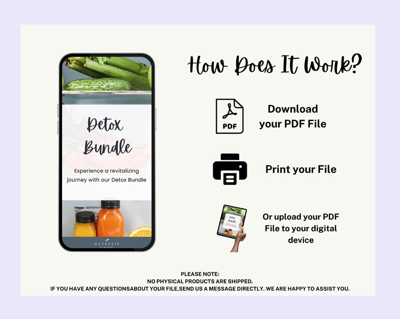 K&ouml;nnte beinhalten: Ein digitaler Download f&uuml;r ein Detox-Paket. Das Bild zeigt einen Telefonbildschirm mit einer Grafik eines Detox-Pakets und zwei Flaschen Saft. Der Text auf dem Telefonbildschirm lautet "Detox Bundle" und "Experience a revitalizing journey with our Detox Bundle". Das Bild zeigt auch Anweisungen zum Herunterladen, Drucken oder Hochladen der PDF-Datei.